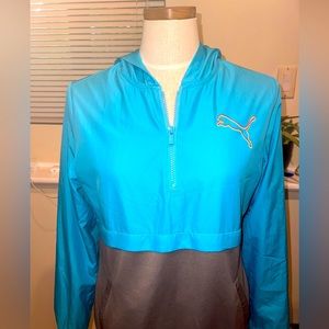 Puma 1/4 zip pullover hooded jacket turquoise gray kangaroo pocket Size Medium